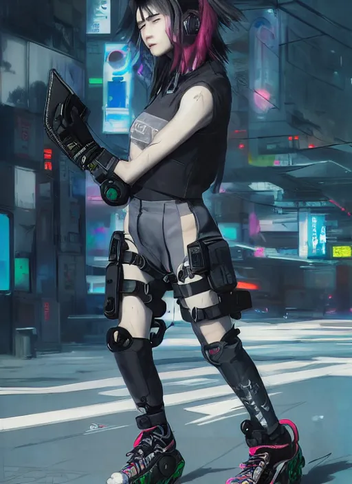 Image similar to hyper - realistic cyberpunk anime woman wearing inline skate, tokyo street, extreme detail, good face, model, concept art, in style of yoji shinkawa, pan ren wei, col price, atey ghailan, by greg rutkowski, aesthetic