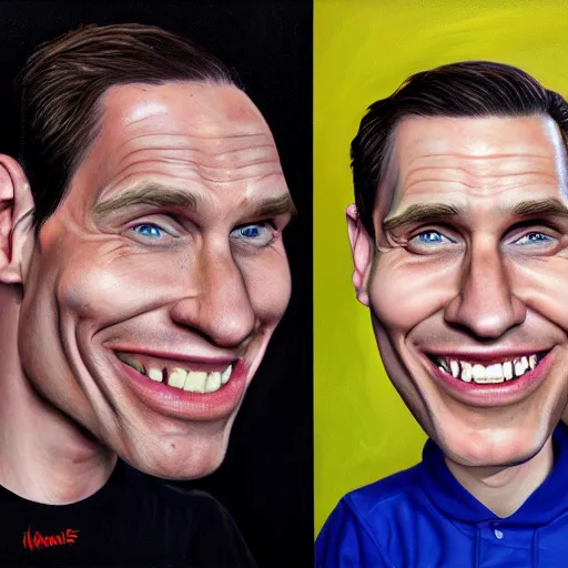 Image similar to Caricature portraits done of Jerma, realistic, hyperrealistic, very realistic, highly detailed, very detailed, extremely detailed, detailed, oil painting, digital art, trending on artstation