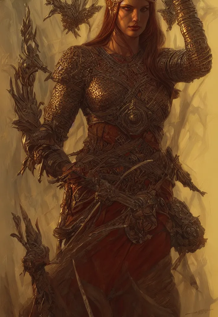 Image similar to a beautiful warrior queen, fantasy, portrait, sharp focus, intricate, elegant, digital painting, artstation, matte, highly detailed, concept art, illustration, ambient lighting, art by donato Giancola