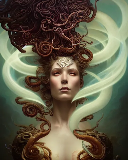 Prompt: beautiful woman made of swirling smoke serpents, radiant light, peter mohrbacher, ferdinand knab, artgerm, portrait