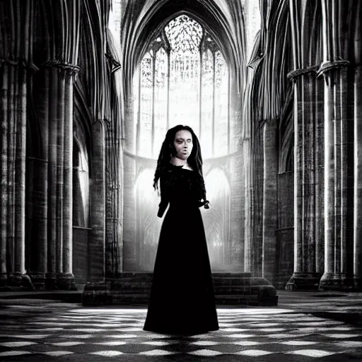 Image similar to emilia clarke as a vampire in a gloomy gothic cathedral at night