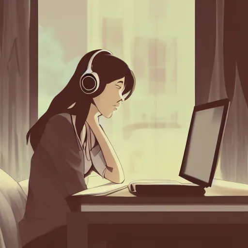 Image similar to a beautiful side view portrait of a beautiful girl sitting on her desktop writing something, headphones on, hand on her chin, nightlamp, digital art, anime, studio ghibli style, window and city background