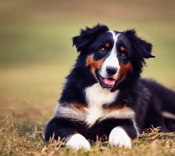 Prompt: a cute! black australian shepherd dog lying in grass, bokeh