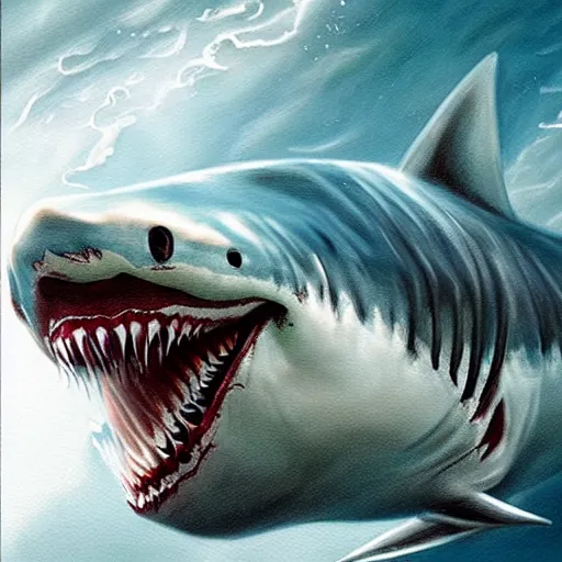 Image similar to a dream fantasy painting of white shark with blood teeth near a swimming man, in the deep, trending on artstation, deviantart, photorealism