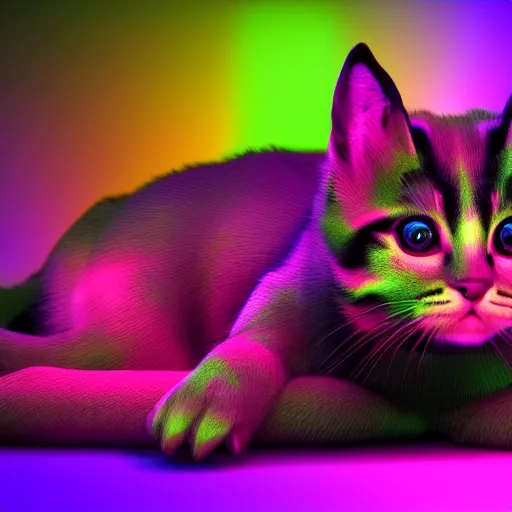 Image similar to fluorescent and iridescent, neon kittens cyperpunk 2 0 7 7, unreal engine 5, 8 k ultra realistic, hyperdetailed, volumetric lighting, extremely high quality