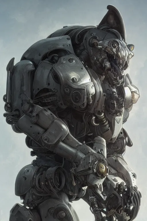 Image similar to portrait painting of a cybernetic grey werewolf with power armor, ultra realistic, concept art, intricate details, eerie, highly detailed, photorealistic, octane render, 8 k, unreal engine. art by artgerm and greg rutkowski and alphonse mucha