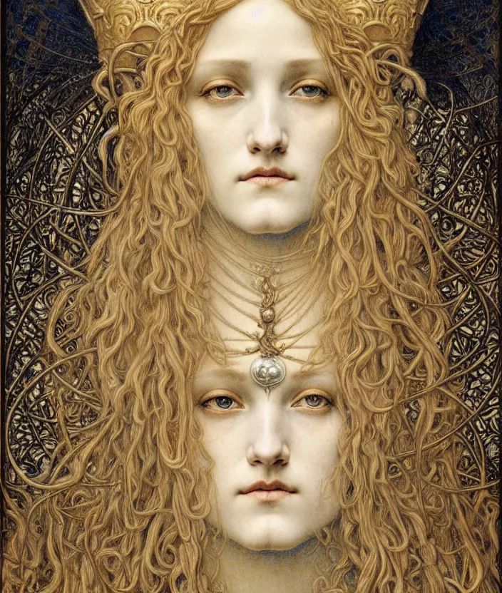 Image similar to detailed realistic beautiful young medieval queen face portrait by jean delville, gustave dore and marco mazzoni, art nouveau, symbolist, visionary, gothic, pre - raphaelite. horizontal symmetry