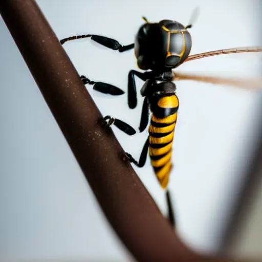 Prompt: detailed picture of a wasp on a table. Macro lenses. Up close. Zoom. 4k.