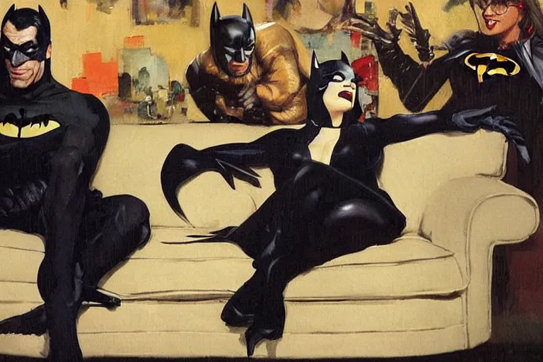 Image similar to batman sits on a sofa beside his wife and expresses his displeasure at the manner of her dress, painted by phil hale and rick berry and dean cornwell and norman rockwell and jeremy mann