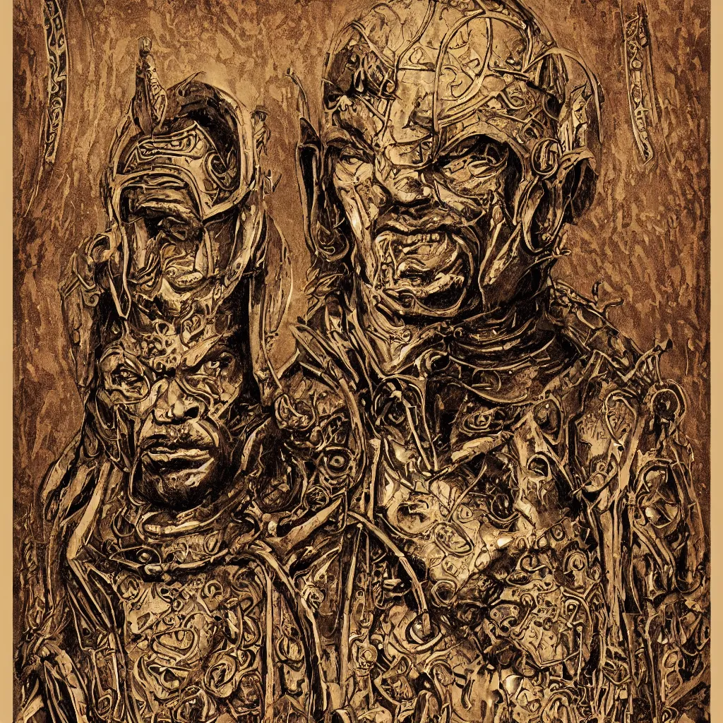 Image similar to decayed art nouveau bust portrait of James Earl Jones as Thulsa Doom in shining rune-carved armor by Kyle Hotz and Michael Golden, with rich atmospheric colors, sinister ambience, perfect mixed media illustration, accurate symmetrical anatomy details, metallic art nouveau border designs, precise machinery, perfect symmetry, sumerian, roman, egyptian, medieval, bill sienkiewicz