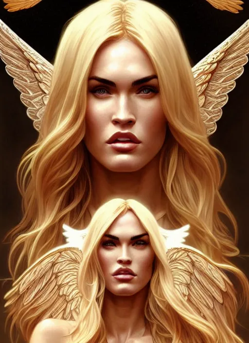 Image similar to portrait of megan fox as an blonde angel, wings, bible, intricate, headshot, highly detailed, digital painting, artstation, concept art, sharp focus, cinematic lighting, illustration, art by artgerm and greg rutkowski, alphonse mucha, cgsociety