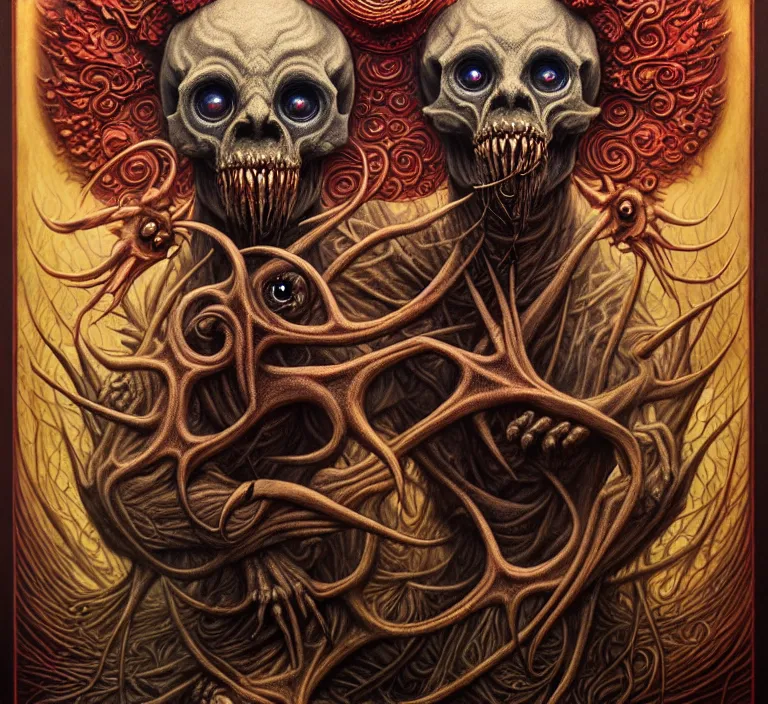 Image similar to A beautiful detailed grotesque monster super cute tarot card, by tomasz alen kopera and Justin Gerard, symmetrical features, ominous, magical realism, texture, intricate, ornate, royally decorated, skull, skeleton, whirling smoke, embers, red adornements, red torn fabric, radiant colors, fantasy, trending on artstation, volumetric lighting, micro details, 3d sculpture, ray tracing, 8k, anaglyph effect, digital art