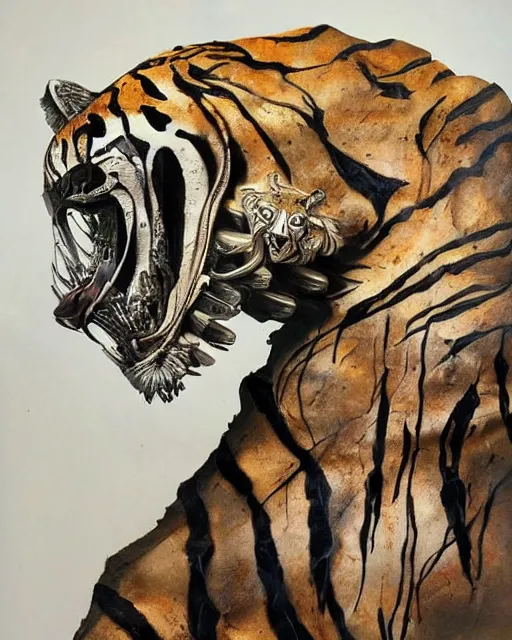 Prompt: realistic detailed skeleton of a tiger, cracked stained body full of marks, made by Karol Bak and Bernini. Rich colors. Masterpiece