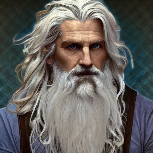 Prompt: painted portrait of rugged zeus, greek god, 4 0 years old, handsome, white hair, soft hair, upper body, muscular, hairy torso, fantasy, intricate, elegant, highly detailed, digital painting, artstation, concept art, smooth, sharp focus, illustration, art by alphonse mucha