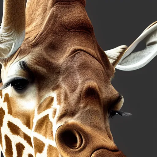 Prompt: hyperrealistic photo of a giraffe with two tusks. the full giraffe is in frame in its entirety. focus on the giraffe and its tusks. anatomically perfect. uhd, 4 k, octane render