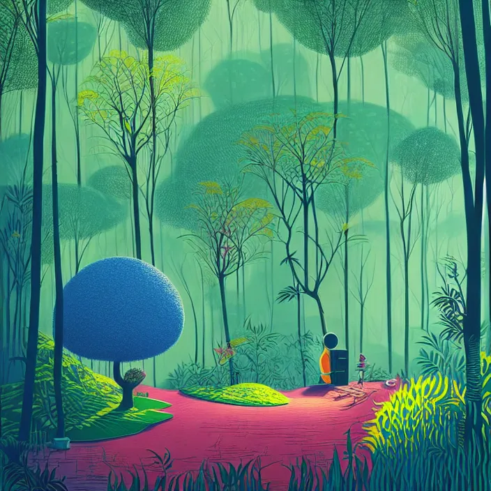 Image similar to ( ( ( gediminas pranckevicius ) ) ), stillness under bo tree in a jungle garden summer morning, very coherent and colorful high contrast art by james gilleard floralpunk screen printing woodblock, dark shadows, pastel color, hard lighting