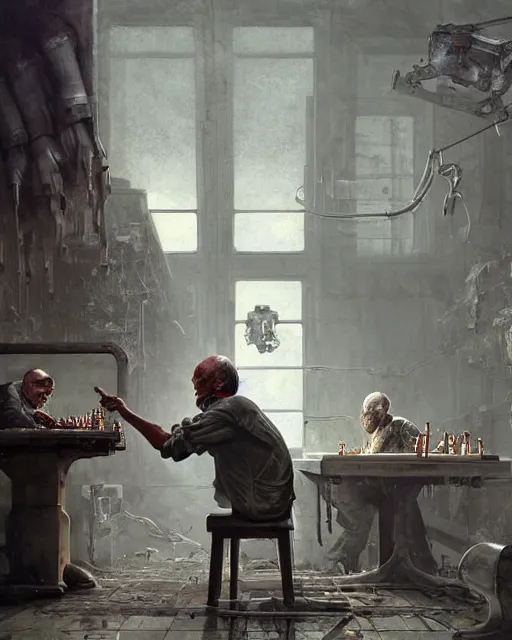 Prompt: a highly detailed epic cinematic concept art CG render digital painting artwork: A robot playing chess with a dead old man in a decayed gas station. volumetric lighting. By Greg Rutkowski, in the style of Francis Bacon and Syd Mead and Norman Rockwell and Beksinski, open ceiling, highly detailed, painted by Francis Bacon and Edward Hopper, painted by James Gilleard, surrealism, airbrush, Ilya Kuvshinov, WLOP, Stanley Artgerm, very coherent, triadic color scheme, art by Takato Yamamoto and James Jean