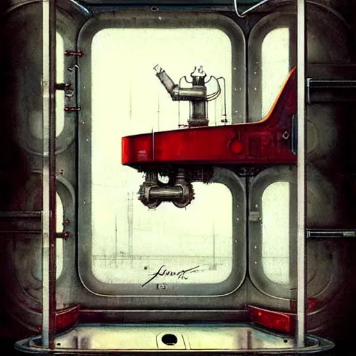 Image similar to ( ( ( ( ( 1 9 5 0 s retro future robot android industrial steam ship window. muted colors. ) ) ) ) ) by jean baptiste monge!!!!!!!!!!!!!!!!!!!!!!!!! chrome red