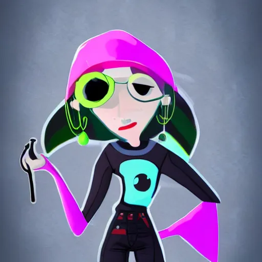 Image similar to character designs for a fashionable nonbinary icon wearing a large gothic manta ray cloak, sells empty spray paint cans as a scam and is always covered in paint, always acting delightedly shady, designed by splatoon nintendo, inspired by tim shafer psychonauts 2 by double fine, cgi, professional design, gaming