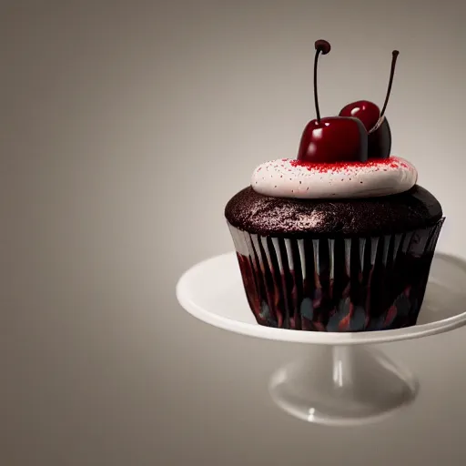 Prompt: a still from a horror move featuring a chocolate cupcake with cream and a cherry on the top, digital art, trending on artstation and unreal engine, smooth, 4 k, poster, high quality, hyperdetailed