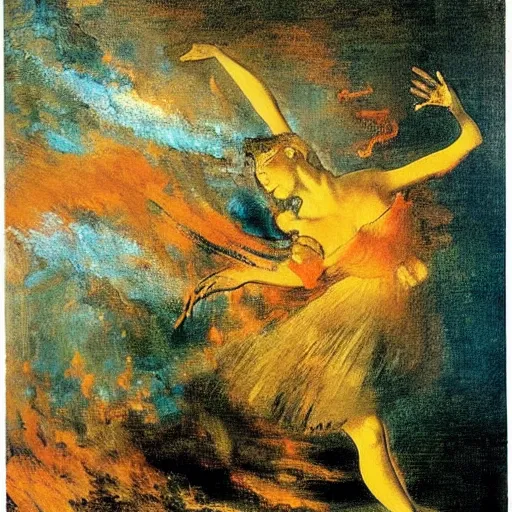 Prompt: A beautiful kinetic sculpture of a bright and fiery soul a power to do great things; but I fear you may one day unleash such a tempest of fire that you may consume yourself, and all the world around you. airbrush by Edgar Degas, by William Hogarth churning, lines