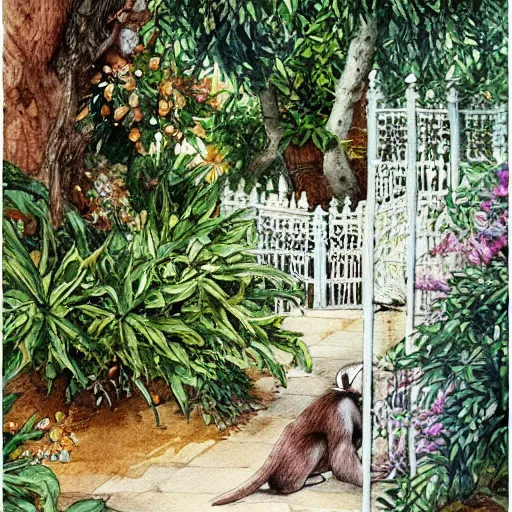 Image similar to delicate, king monkey on the throne, garden, paved, botanic watercolors, iridescent, 8 k, realistic shaded, fine details, artstation, italian, iron gate, tree, mediterranean, marvelous