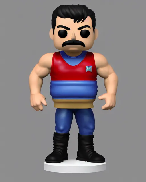 Prompt: 3 d render of freddie mercury, white sleeveless tank top blue jeans as a funko pop!, four, studio lighting, white background, single body, no shadow, blender, trending on artstation, 8 k, highly detailed