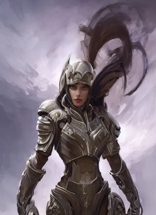 Image similar to a professional painting of a beautiful young female, clothed in military armor, olive skin, long dark hair, beautiful bone structure, symmetrical facial features, intricate, elegant, digital painting, concept art, smooth, sharp focus, illustration, from StarCraft by Ruan Jia and Mandy Jurgens and Artgerm and William-Adolphe Bouguerea