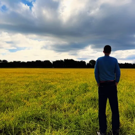 Prompt: a man standing in a open field with a rift in the sky, wide angle shot, hd, intricate detail
