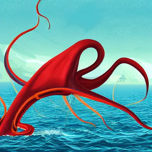 Image similar to A giant squid destroying a cruise ship in the middle of the ocean, digital art