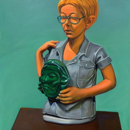 Image similar to A painting. A rip in spacetime. Did this device in her hand open a portal to another dimension or reality?! avant garde, jade sculpture by Neil Welliver