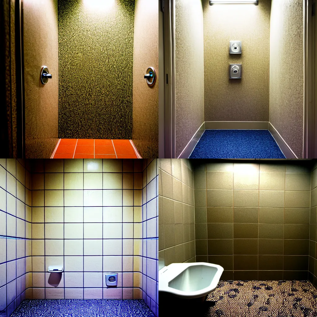 Prompt: carpeted!!!!!!!!! public bathroom shower with saturation, liminal space, award - winning photograph