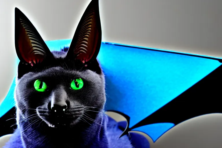 Image similar to a blue - and - black male blue / green heterochromatic catbat fursona with blue / green heterochromatic eyes ( one eye green ) and huge bat ears, photo of the catbat streaming on his computer