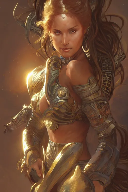 Image similar to female Amazon warrior looking fierce, sci-fi, fantasy, intricate, elegant, highly detailed, digital painting, artstation, concept art, smooth, sharp focus, illustration, art by artgerm and greg rutkowski and alphonse mucha