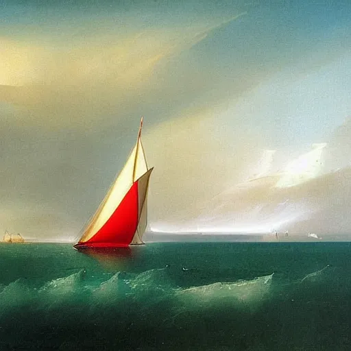 Image similar to minimalist symmetrical red clouds and green ocean in iceland fjord with tall futuristic zaha hadid sailboat painting by ivan aivazovsky