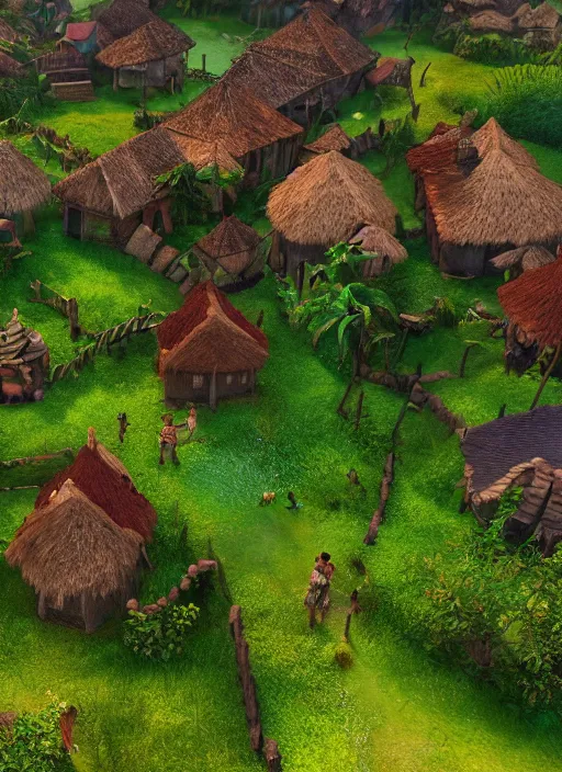 Image similar to subsurface scattering, medieval village in the middle of lush forest, from the live action film moana 4 k quality super realistic, cinematic lighting, 8 k