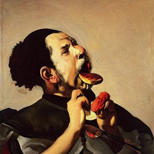 Prompt: a painting of a frustrated painter eating ice cream in diego velazquez style