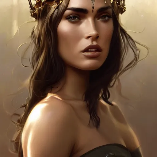 Image similar to an attractive young female with metal rings on her skin wearing an thorne crown, megan fox, olive skin, long dark hair, beautiful bone structure, intricate, elegant, highly detailed, digital painting, artstation, concept art, smooth, sharp focus, illustration, art by artgerm and greg rutkowski and alphonse mucha