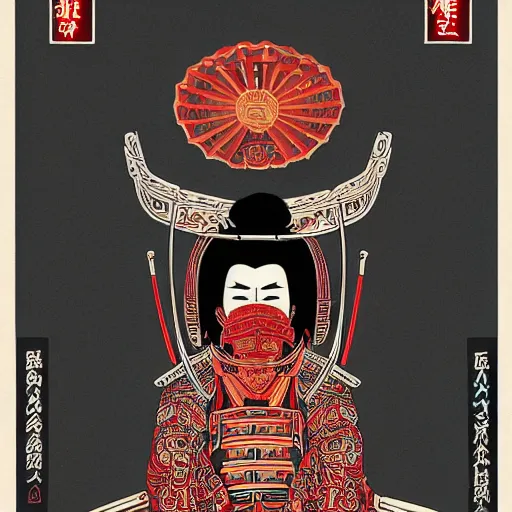 Prompt: an epic detailed political poster of a Japanese samurai in a temple, with Japanese text, high quality, intricate, detailed, 4k, by Shepard Fairey