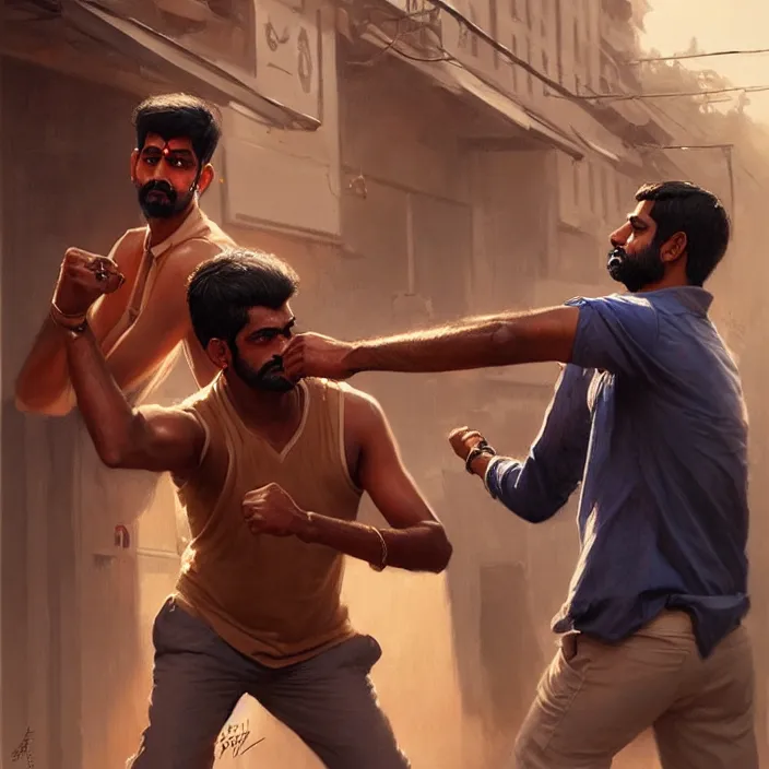 Prompt: portrait of tall indian man punching a short white man outside a bar, elegant, real life skin, intricate artwork, high detailed, artstation, concept art, smooth, sharpz focus, art by artgerm and greg rutkowski