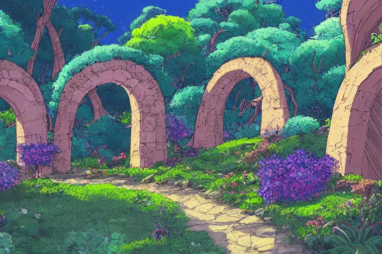 Image similar to natural stone arches with bushes, sunny day, long shot, digital art, in the style of studio ghibli, vivid colors, highly detailed, 8 k, establishing shot, smooth, trending on artstation, illustration, flat colors