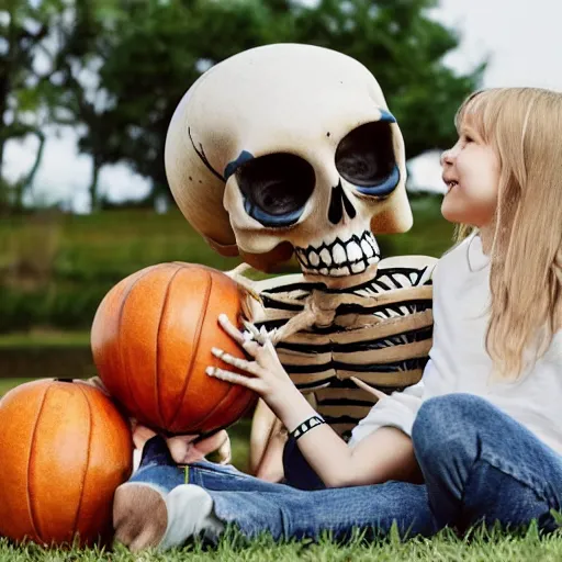 Image similar to a friendly skeleton entertaining a girl