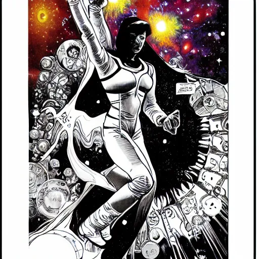 Prompt: black and white comic book art of a beautiful female astronaut floating in orbit around a colorful exploding nebula, kim jung gi, alphonse mucha, jim lee