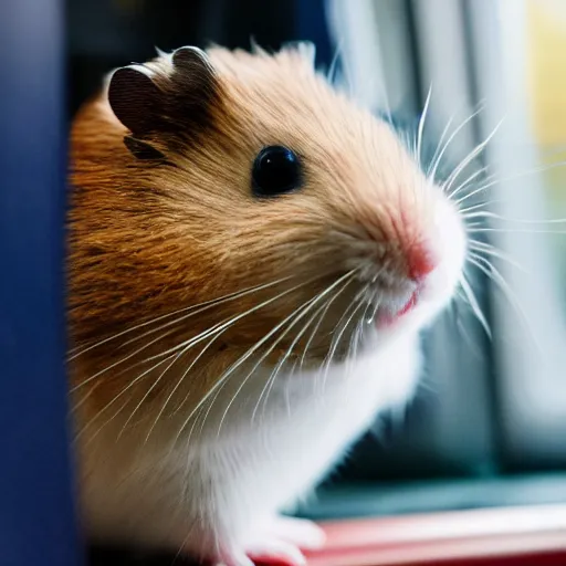 Image similar to detailed photo of a hamster, sitting on a seat in a train, various poses, wide shot, unedited, soft light, sharp focus, 8 k