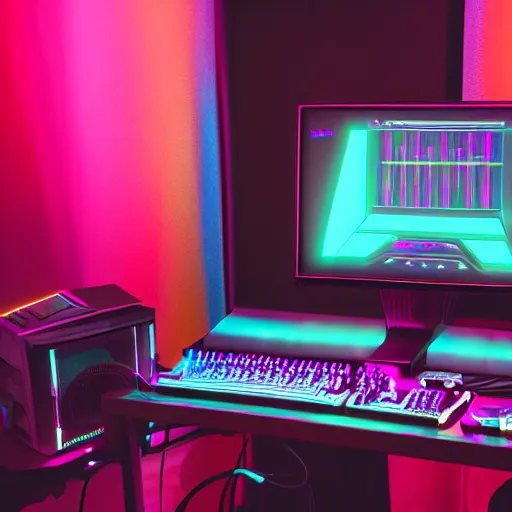 a synthwave pc gaming setup, photography | Stable Diffusion