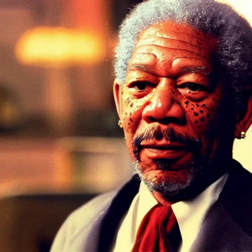 Prompt: a film still of Morgan Freeman dressed as a Pimp in a 1970s Blaxploitation film, 40mm lens, shallow depth of field, split lighting, cinematic