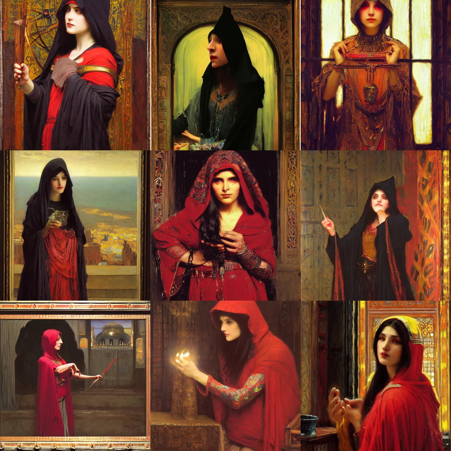 Prompt: orientalist painting of a witch wearing a hood casting a spell glowing neon intricate portrait by john william waterhouse and Edwin Longsden Long and Theodore Ralli and Nasreddine Dinet, oil on canvas. Cinematic, hyper realism, dramatic lighting, high detail 8k