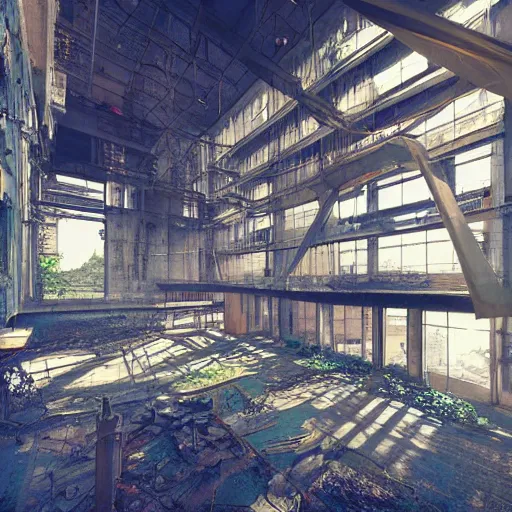 Image similar to “derelict architecture buildings, building designed by Richard Rogers, architecture digest, building surrounded in a nature environment, modern tones, fluorescent lighting,volumetric Lighting, cyber punk, photorealism, high detail, golden ratio, cinematic, octane renderer”