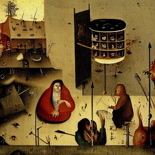 Prompt: inside a waffle makers house, angry, painting by hieronymus bosch,