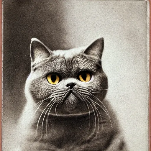 Image similar to exotic shorthair cat, solid grey, photograph by beautiful potter and alphonse mucha